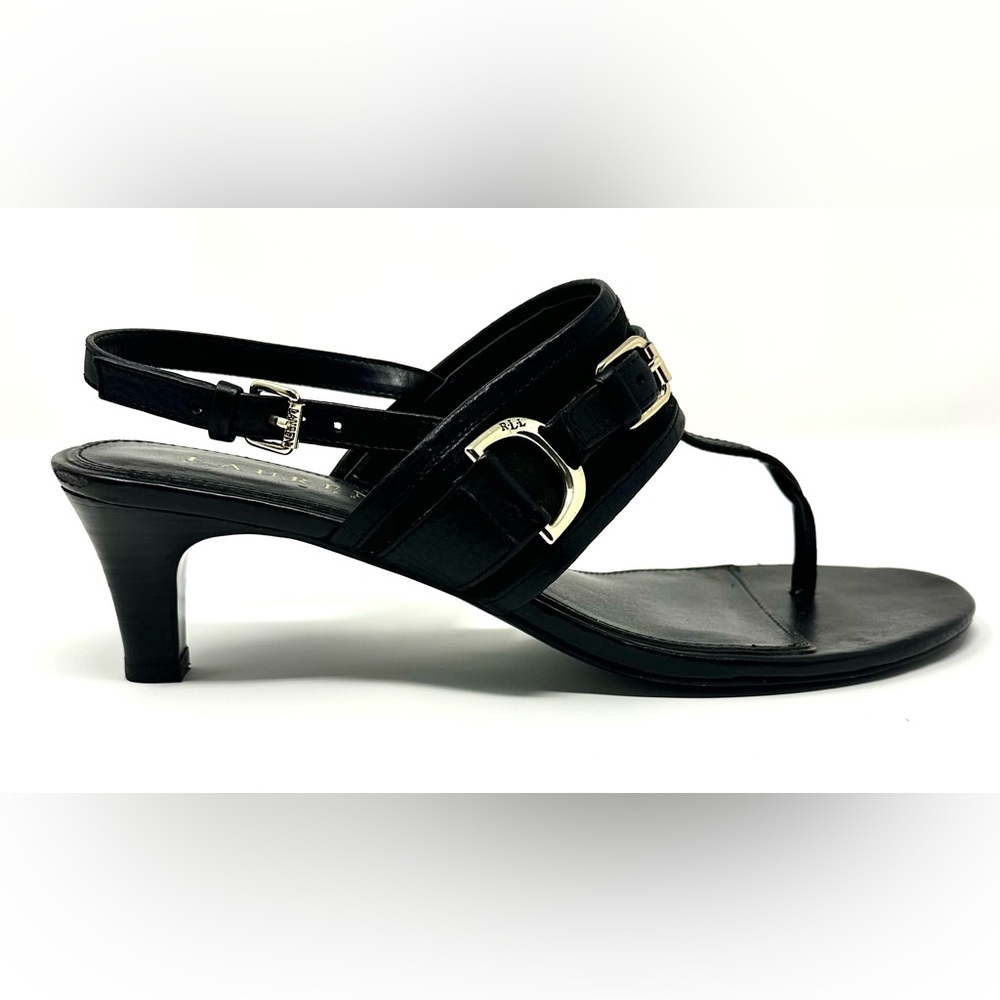 Ralph Lauren Black Leather Slingback Thong Heels with Buckle Detail - Picture 2 of 5